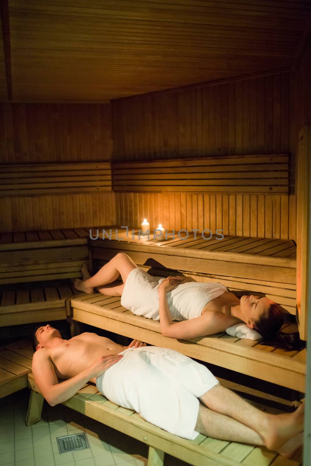 Couple relaxing in the sauna at the spa