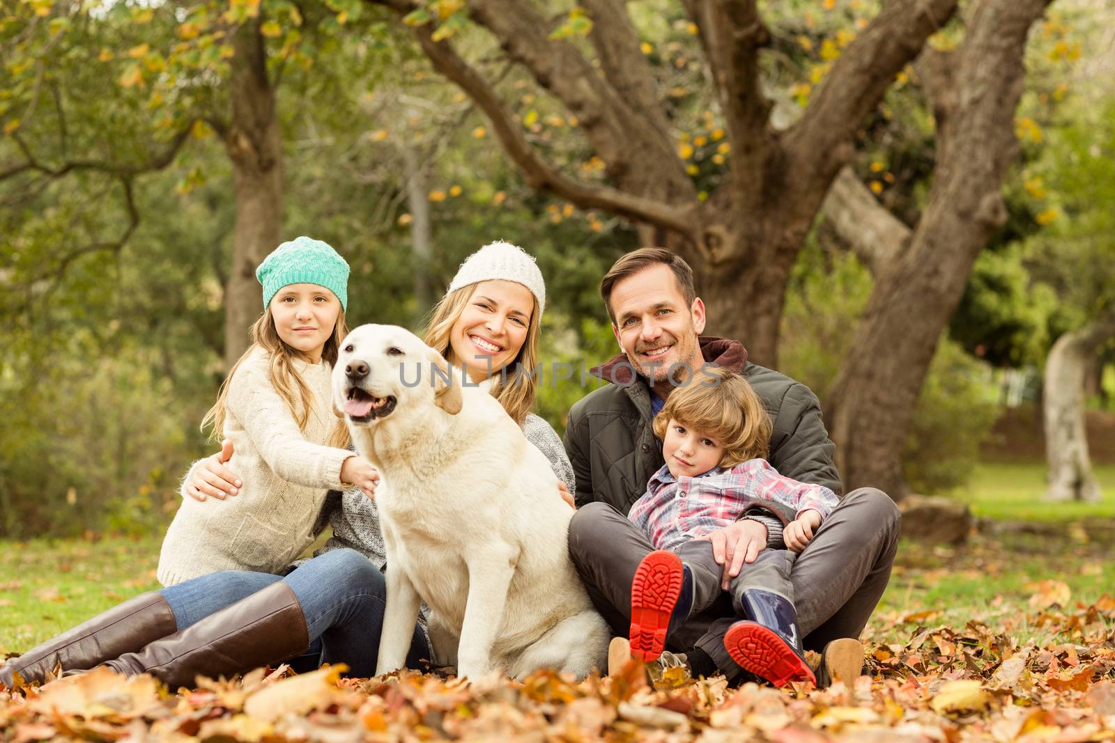 Young family with a dog on an autumns day