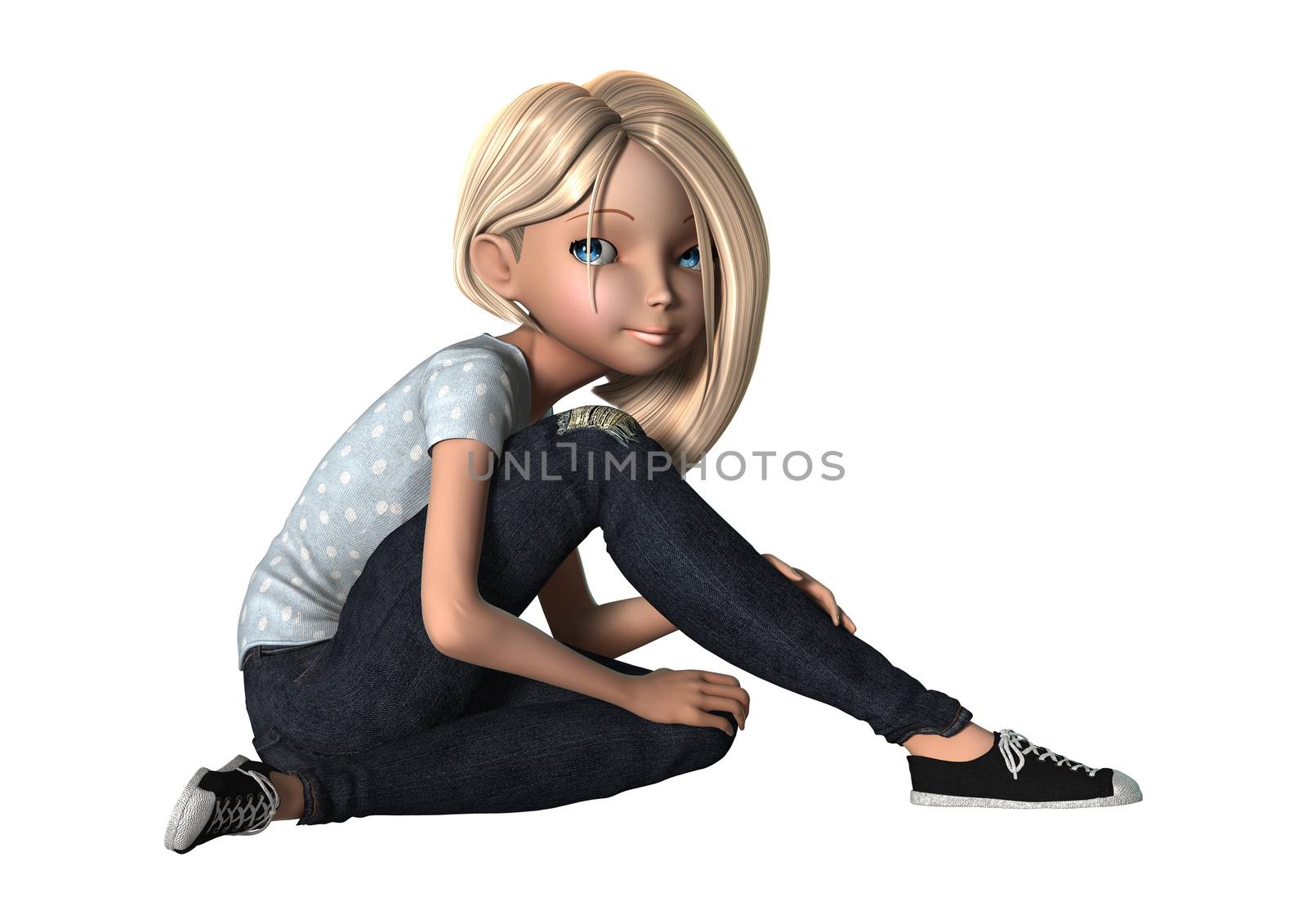 3D digital render of a pretty cartoon girl isolated on white background