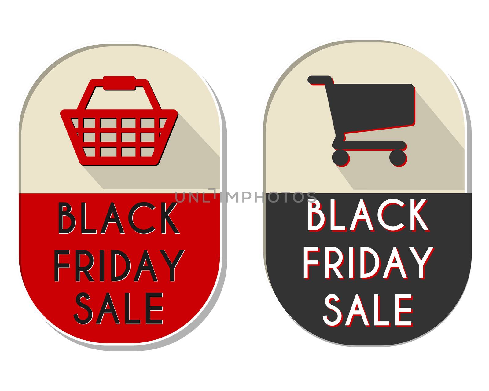 black friday sale with shopping basket and cart signs - two elliptic flat design labels, business holiday commerce concept