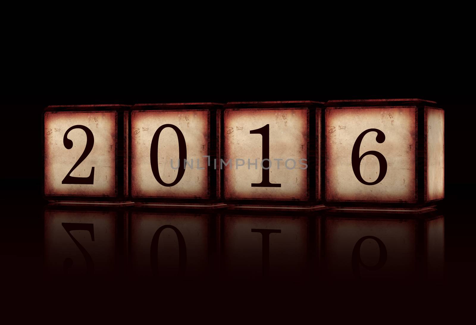 new year 2016 in 3d wooden cubes with ciphers over black background, holiday retro concept