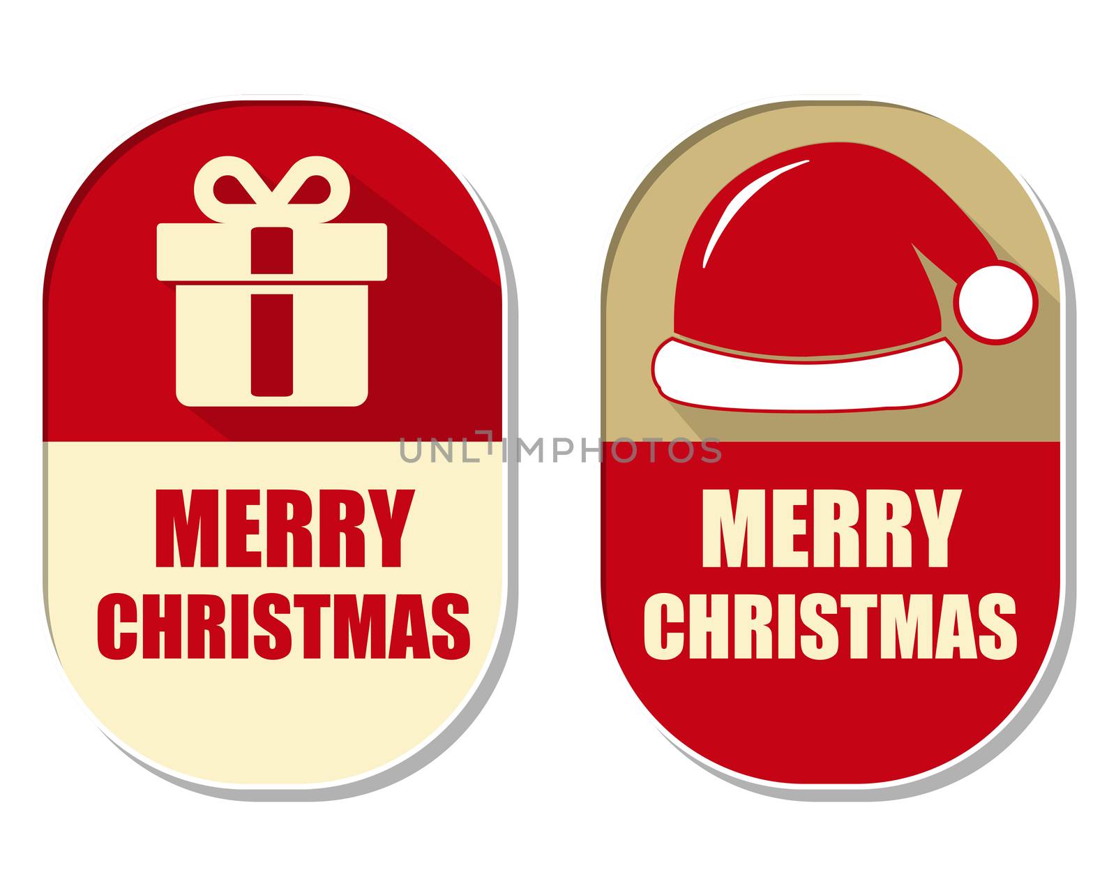 merry christmas with gift sign and red hat, two elliptic flat design labels with symbols, holiday concept