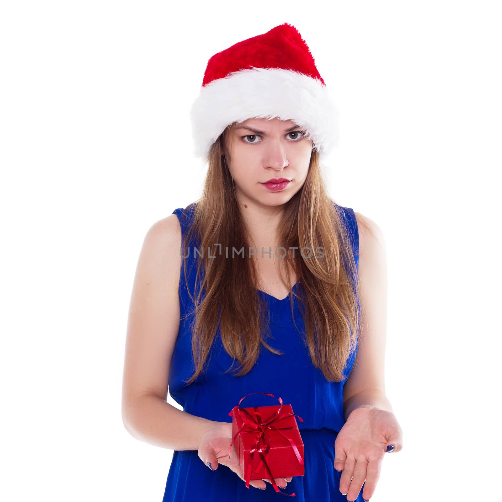 Girl in Christmas hat gift upset. On a white background by victosha