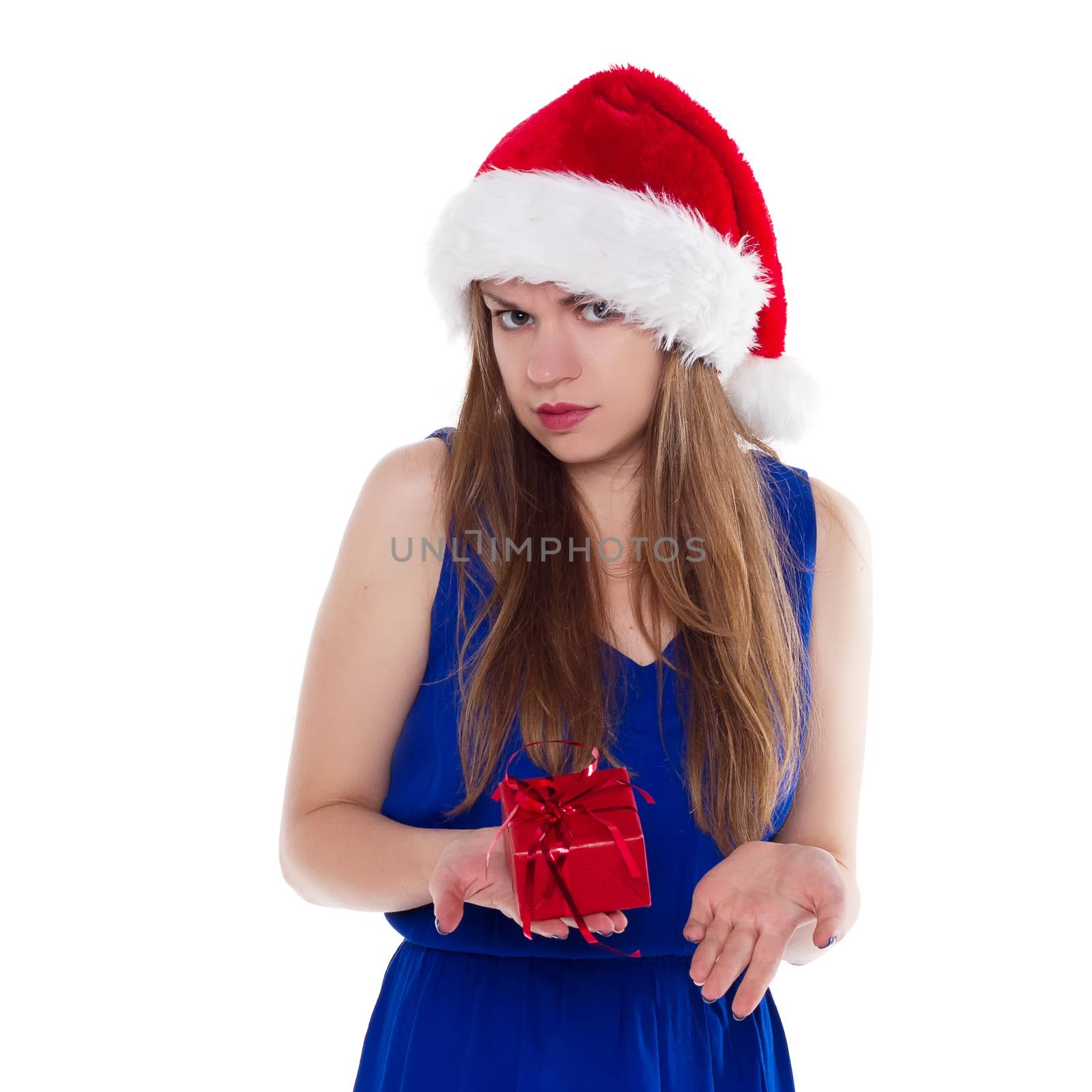 Girl in Christmas hat gift upset. On a white background. isolate