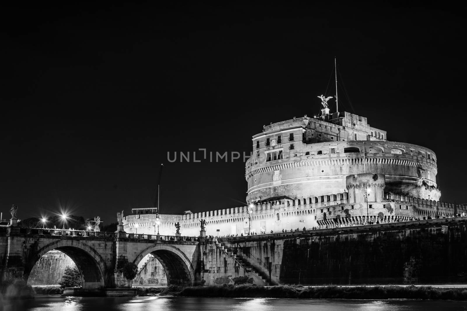 Castle of the Holy Angel at night in black and white