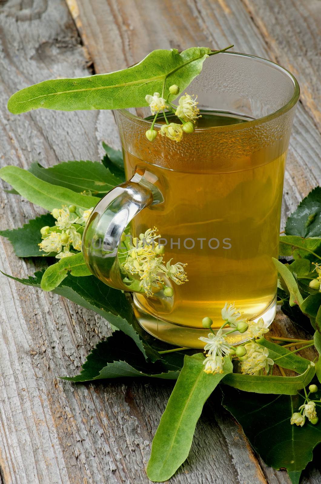 Glass Cup with Tea of Linden-Tree Flowers on Leafs closeup on Rustic Wooden background 