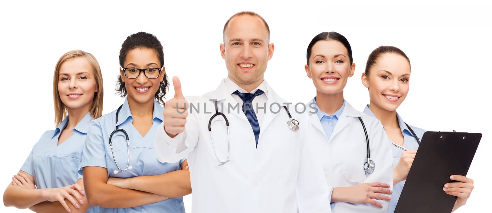 group of smiling doctors with showing thumbs up by dolgachov