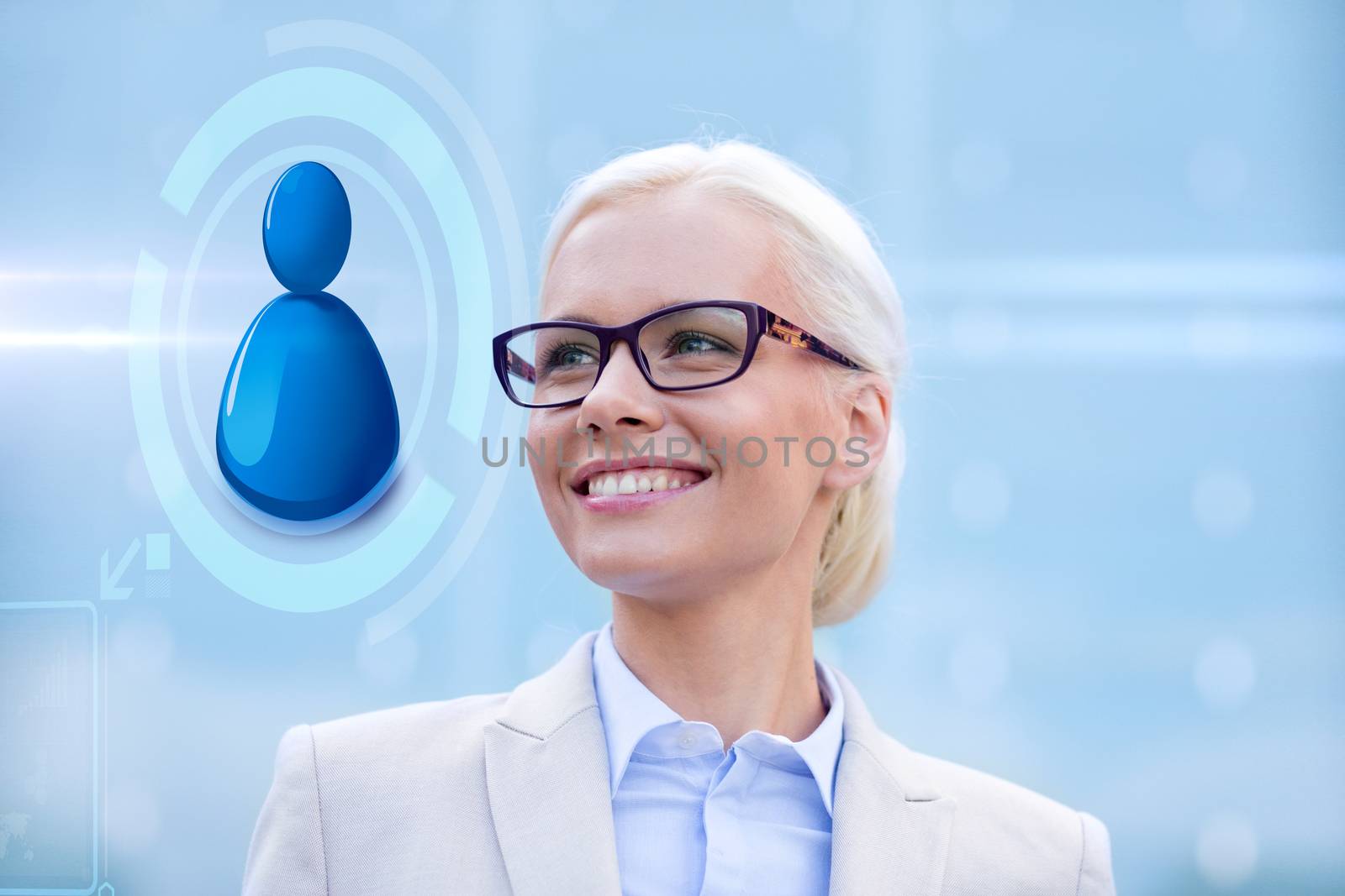 business, people, technology and communication concept - young smiling businesswoman in eyeglasses and virtual screen with user icon outdoors