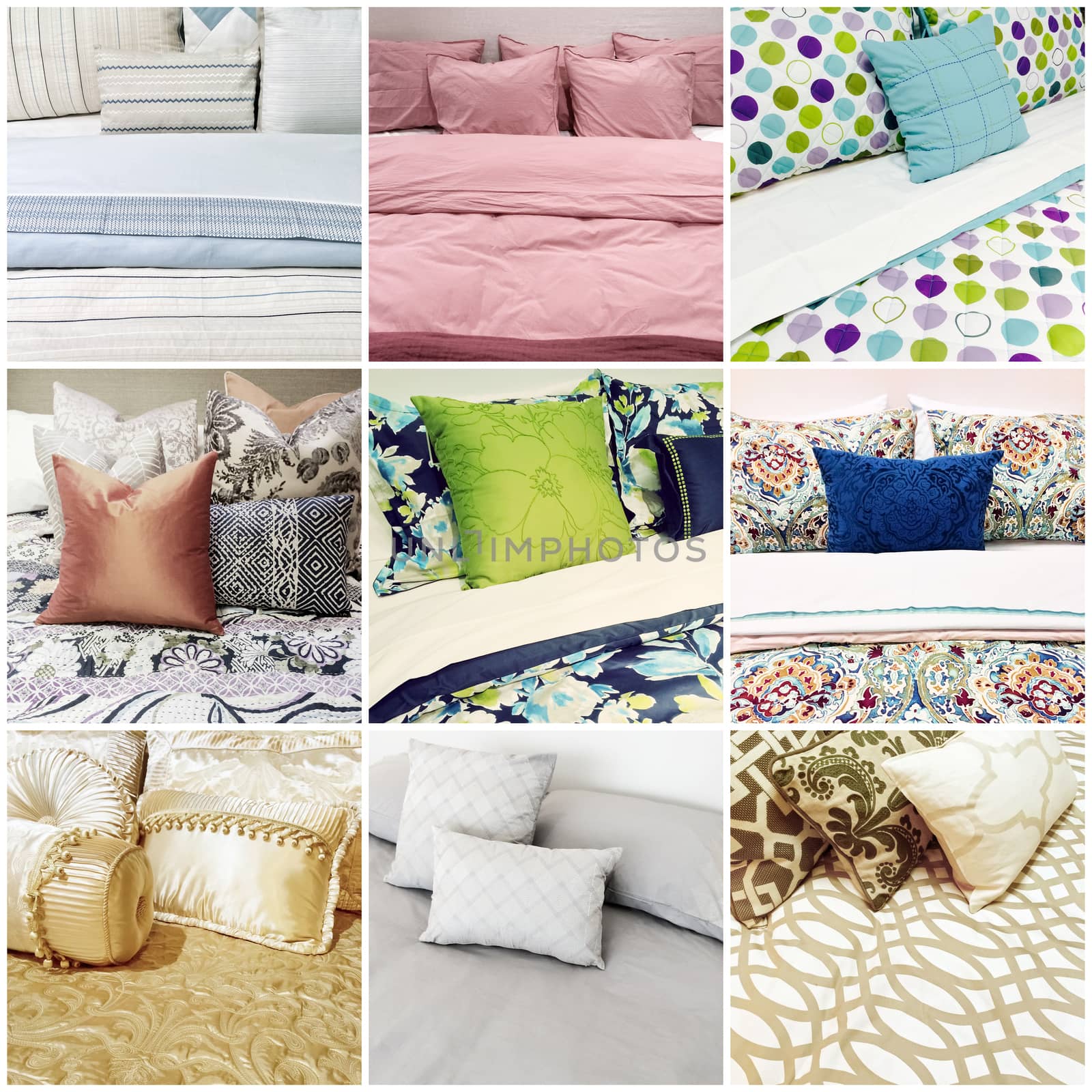 Beds with different styles of bed linen. Collage of nine photos.