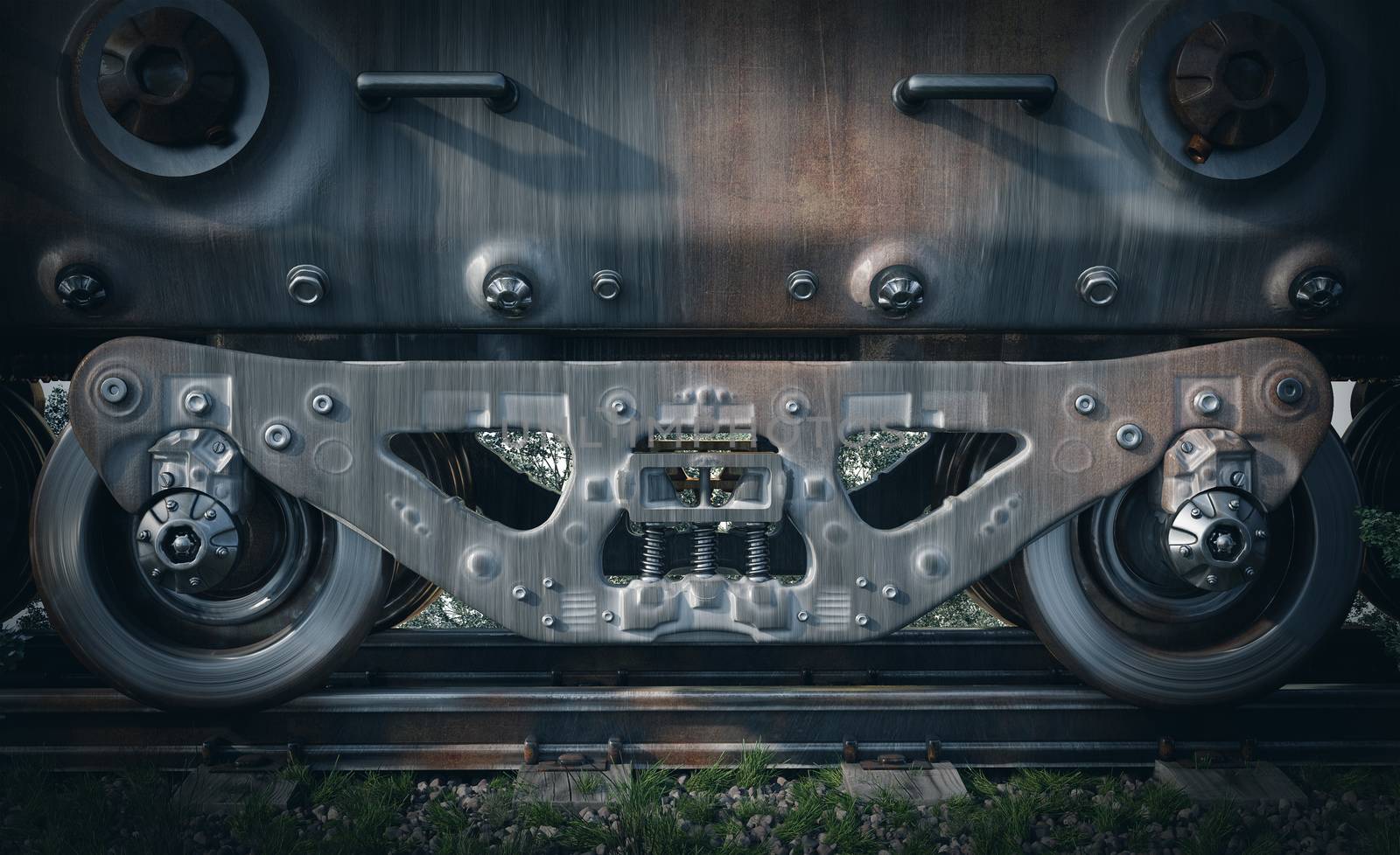 Industrial rail train wheels closeup technology conceptual background
