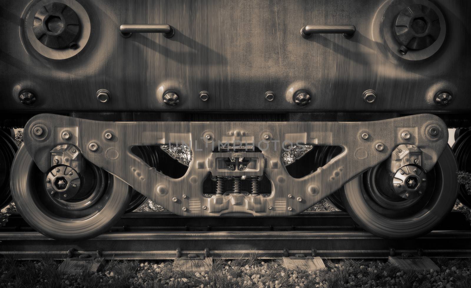 Industrial rail train wheels closeup technology black and white photo by denisgo