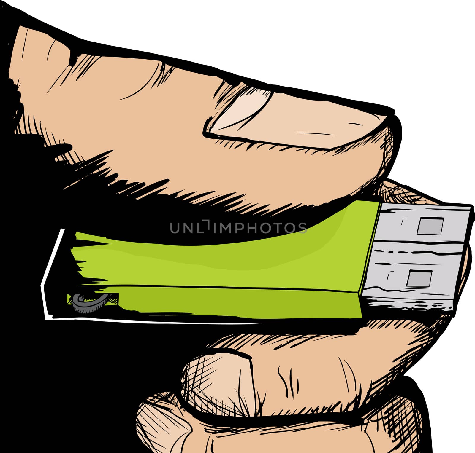 Cartoon illustration of USB thumbdrive in hand