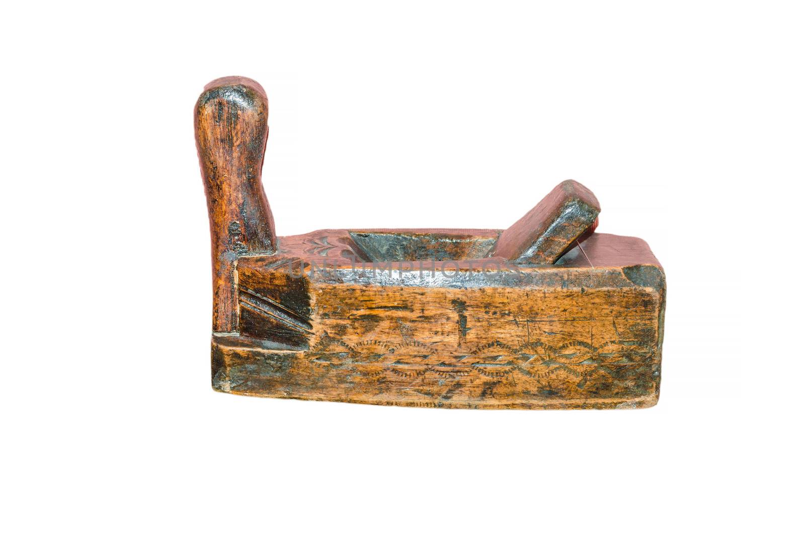 Old carpenter tool carpenter planer against a white background.