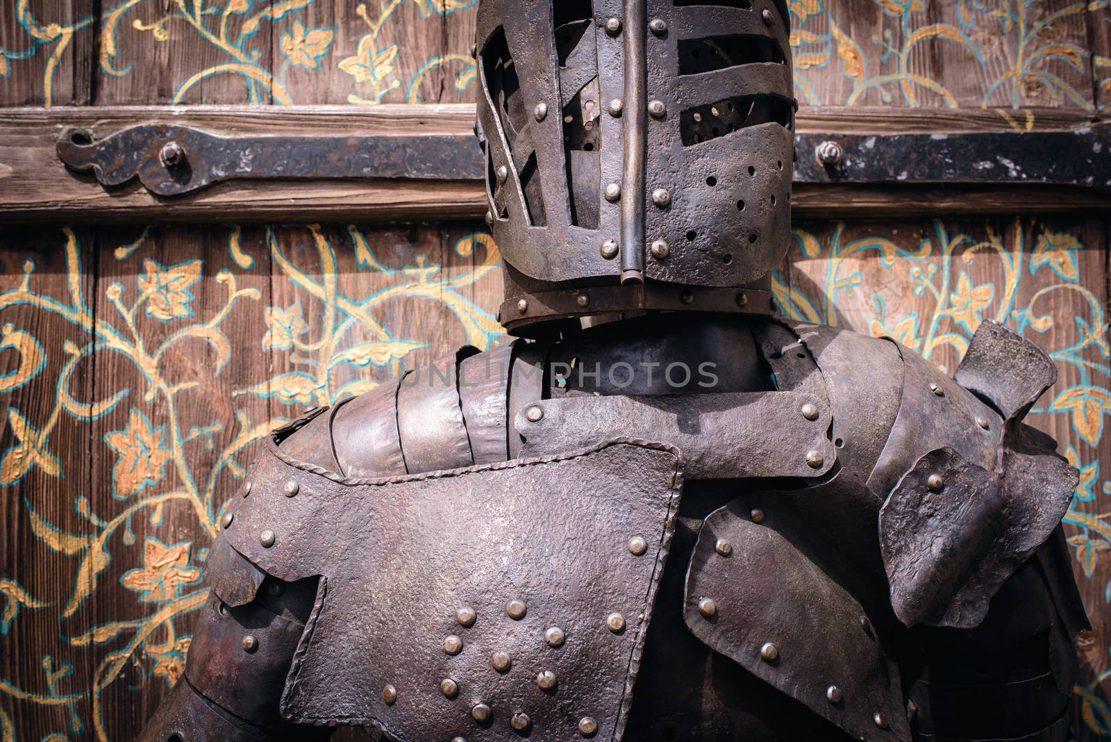 Armour of the medieval knight. Metal protection of the soldier