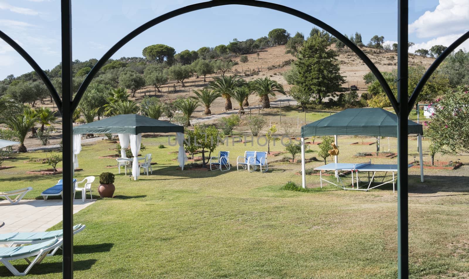 tropical garden with seats and palmtrees to relax in Portugal