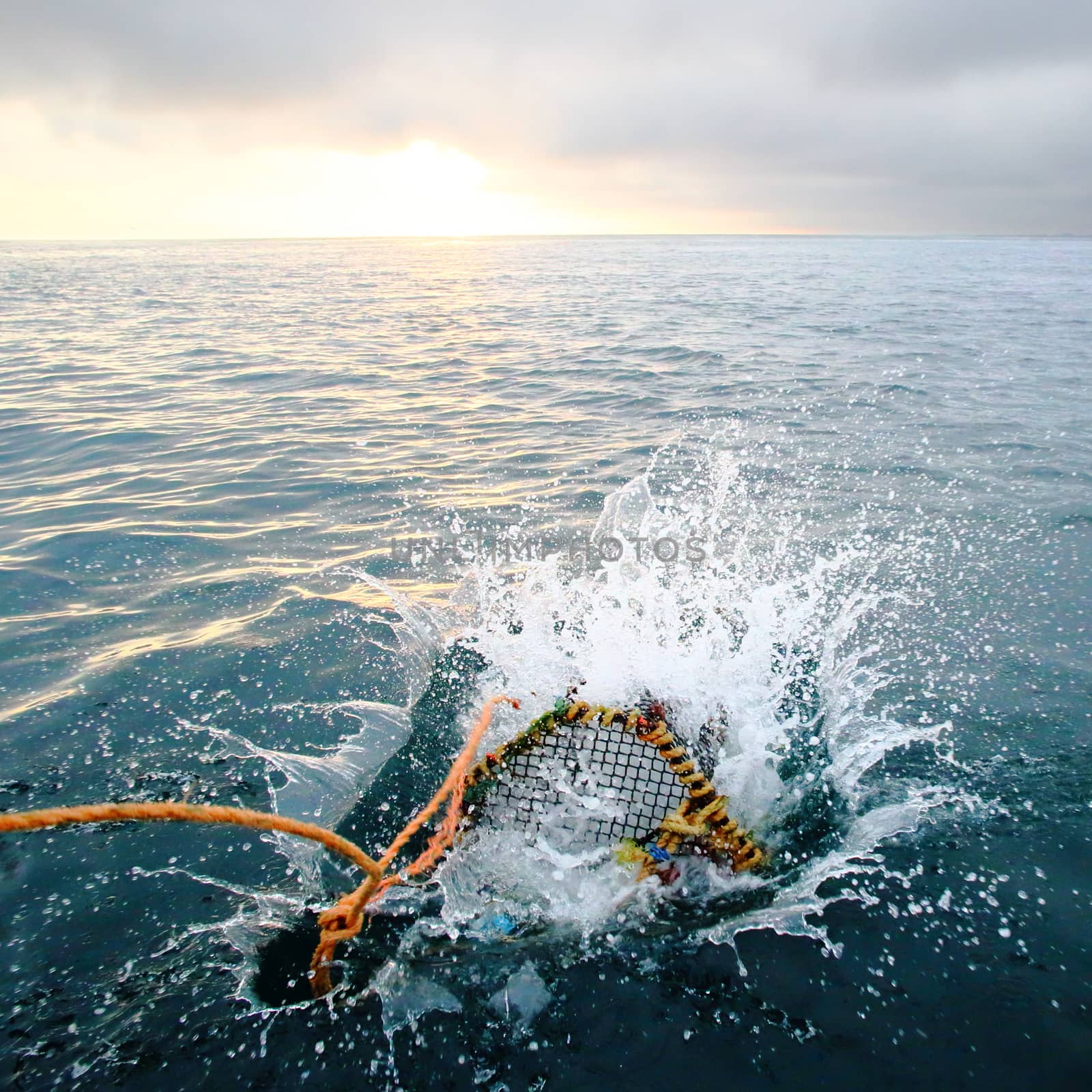 Splashing creel in the sea at dawn for fishing