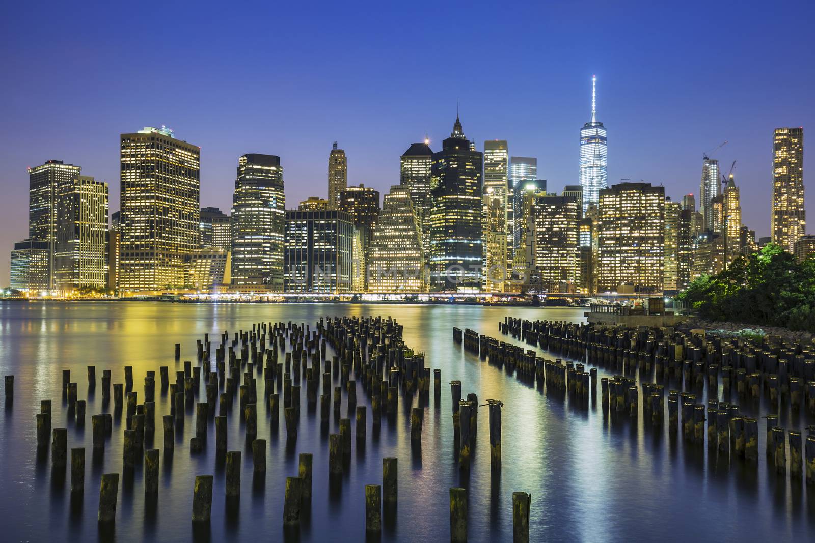 View of New York City Manhattan downtown skyline at dusk, USA. 