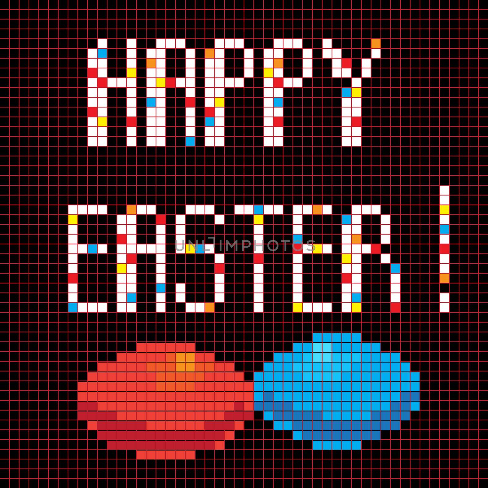 Easter greetings card, pixel illustration of a scoreboard composition with digital text
