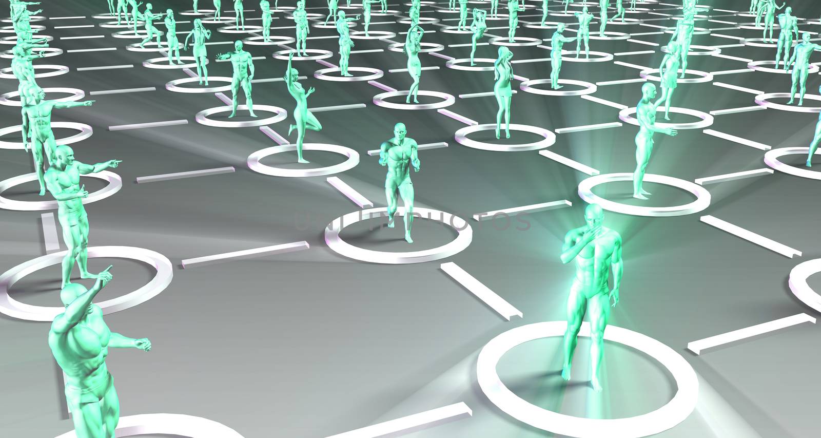 Crowd of 3D Figures Linked by Lines and Technology