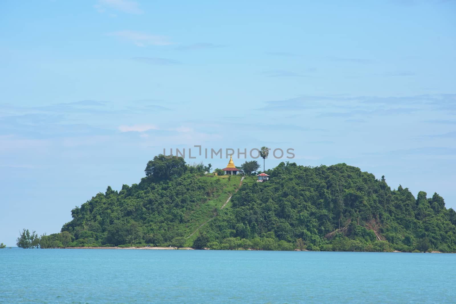 Buddhist pagoda at the peak of one of the islands of the Myeik Archipelago in the Tanintharyi Region of Myanmar.