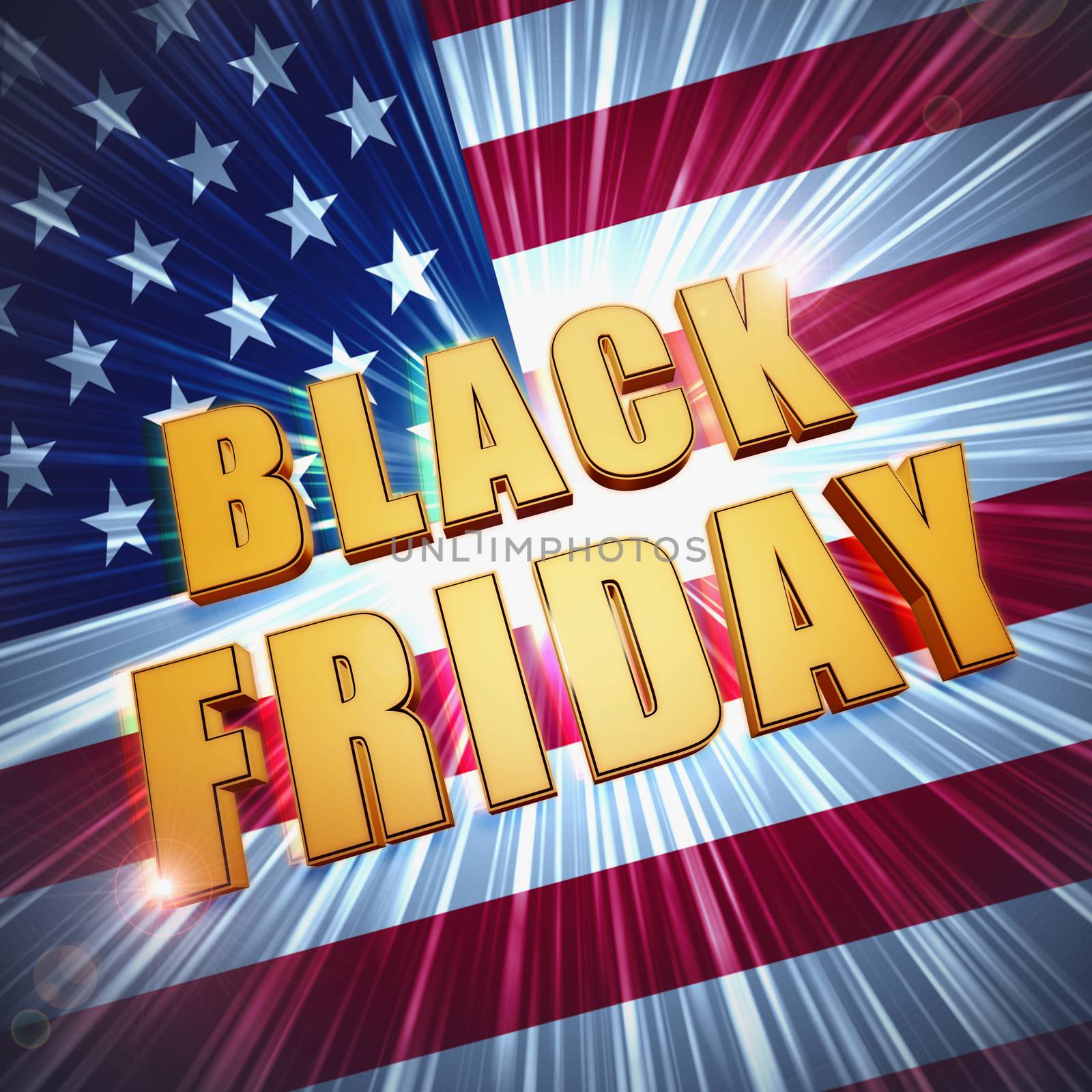 black friday - text in 3d golden letters with rays and shining USA flag, business holiday concept banner