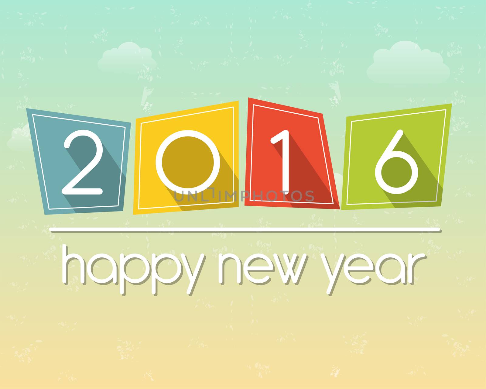 happy new year 2016 in flat colored tablets over cloudy sky background, holiday seasonal concept