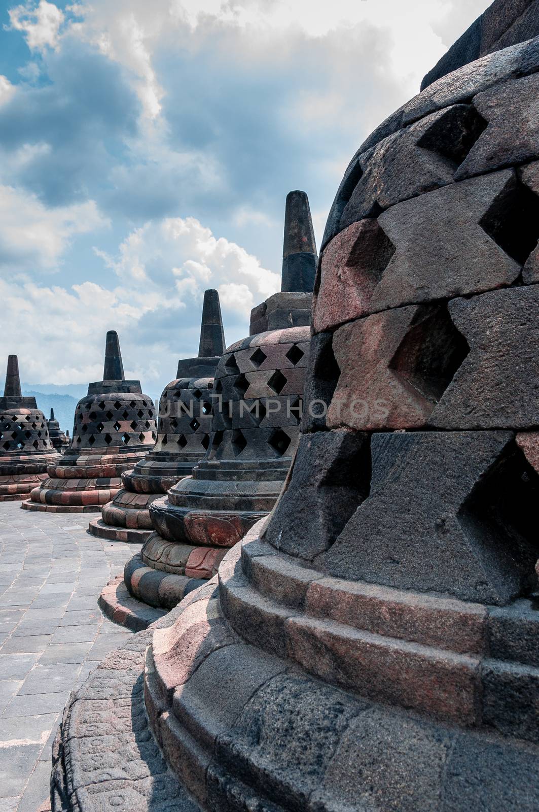 Stupa at Borobudur on a cloudy day in Indonesia