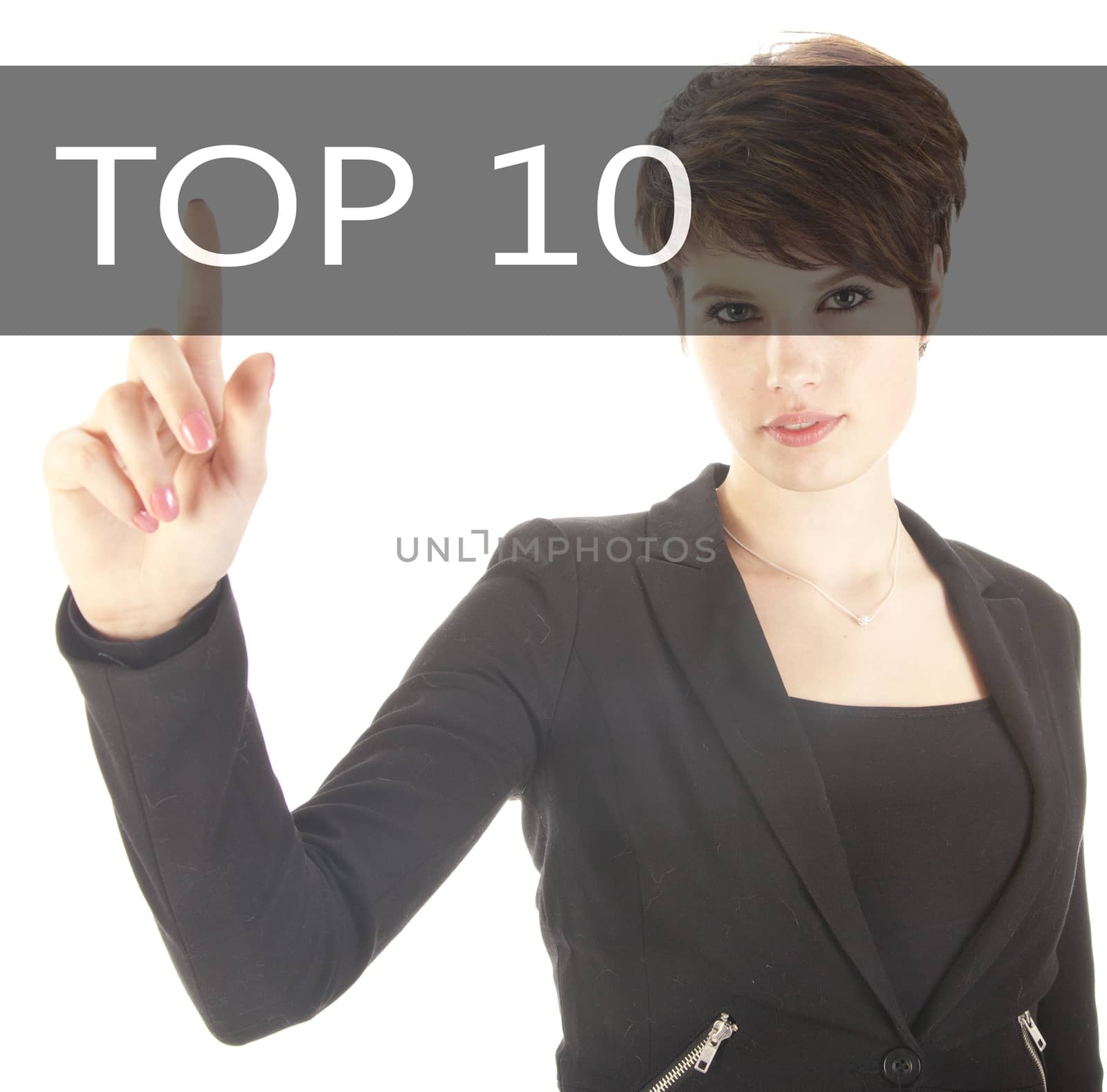 Business woman with top 10 sign on white background