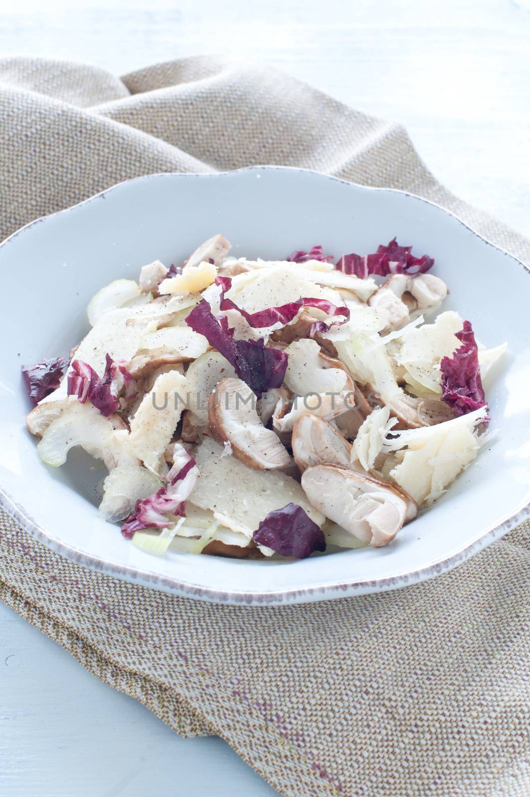 Porcini mushroom salad with celery, radicchio and Parmesan