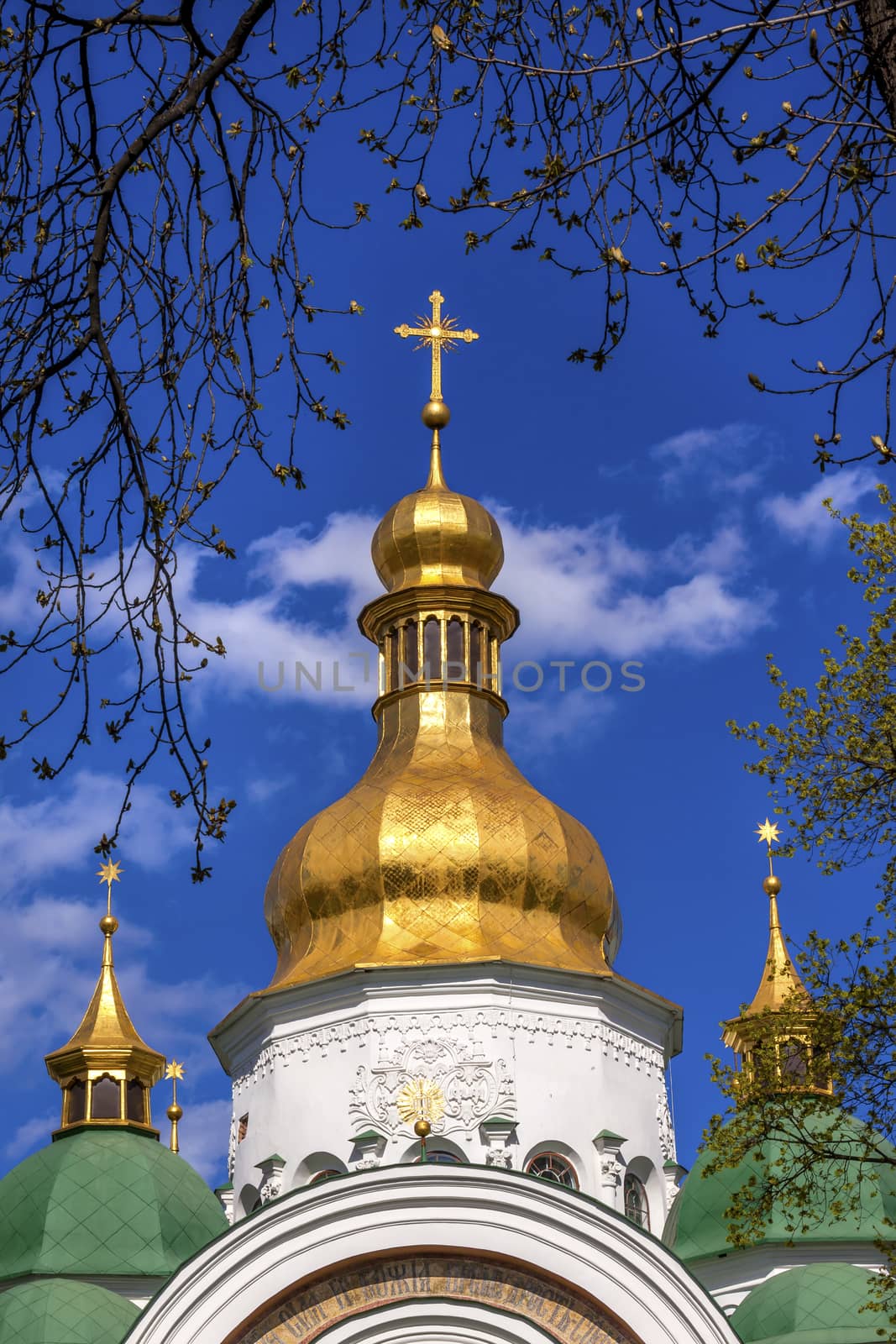 Saint Sophia Sofia Cathedral Spires Towe Golden Dome Sofiyskaya Square Kiev Ukraine.  Saint Sophia is oldest Cathedral and Church in Kiev.  Saint Sofia was built by King Yaroslov the Wise in 1037.