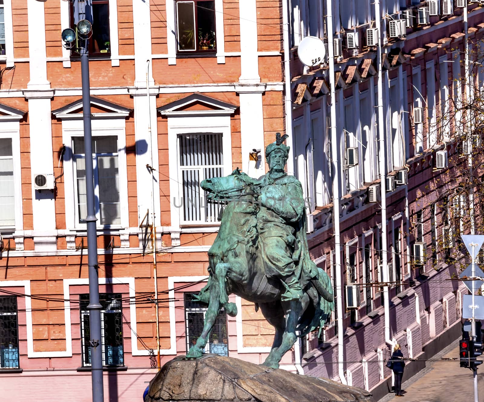 Bogdan Khmelnitsky Equestrian Statue Sofiyskaya Square Kiev Ukraine. Founder of Ukraine Cossack State in 1654. Statue created 1881 by Sculptor Mikhail Mykeshin