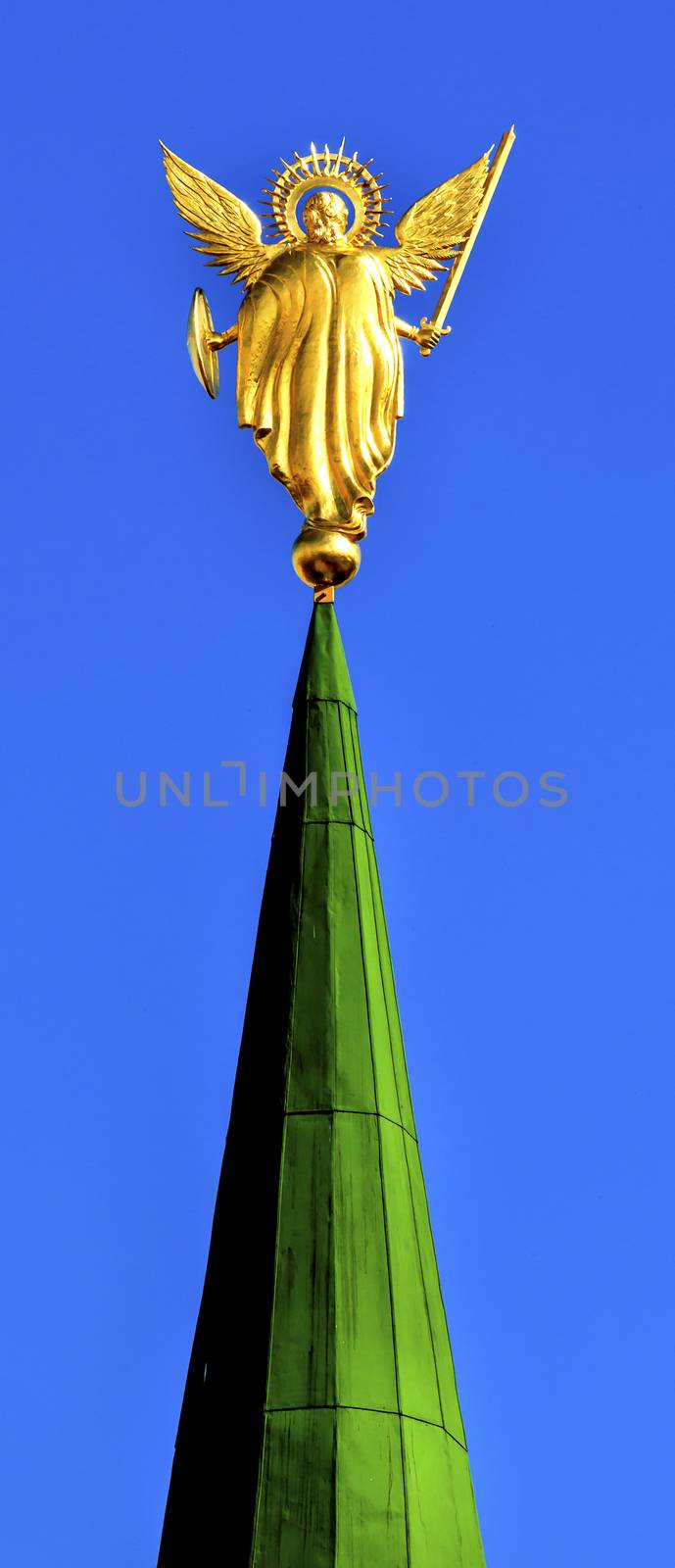 Archangel Michael Statue Entrance Saint Sophia Sofia Cathedral Spires Towe Golden Dome Sofiyskaya Square Kiev Ukraine.  Saint Sophia is oldest Cathedral and Church in Kiev.  Saint Sofia was built by King Yaroslov the Wise in 1037.