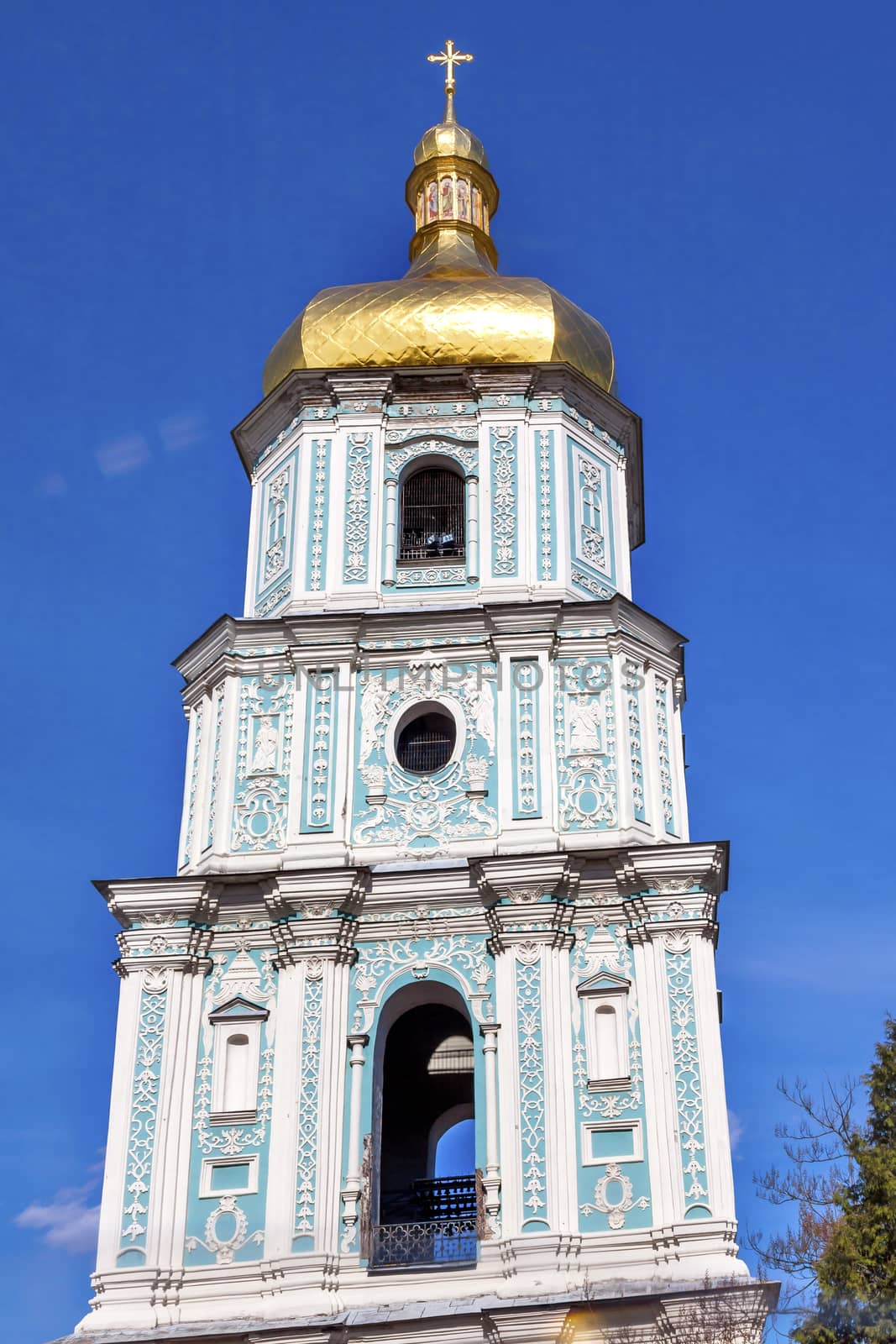 Saint Sophia Sofia Cathedral Towe Golden Dome Sofiyskaya Square Kiev Ukraine.  Saint Sophia is oldest Cathedral and Church in Kiev.  Saint Sofia was built by King Yaroslov the Wise in 1037.