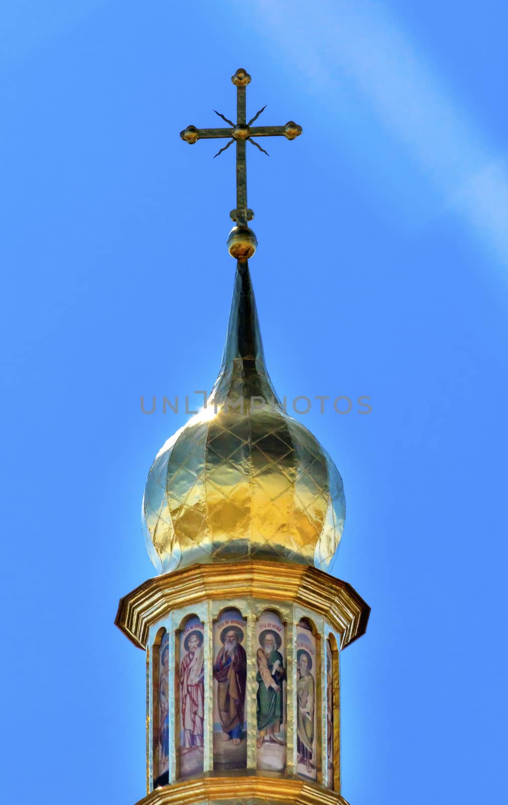 Saint Sophia Sofia Cathedral Spire Towe Golden Dome Sofiyskaya Square Kiev Ukraine.  Saint Sophia is oldest Cathedral and Church in Kiev.  Saint Sofia was built by King Yaroslov the Wise in 1037.