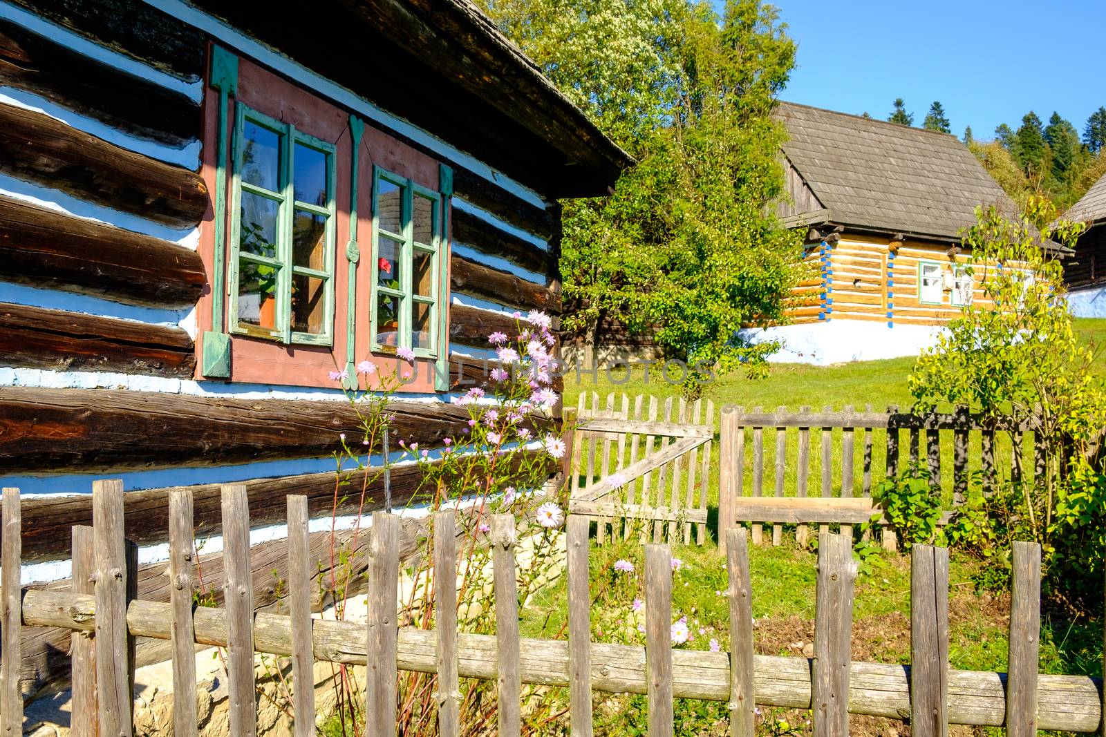 Detail of old traditional colorful wooden house, located in open air museum (skanzen) Stara Lubovna, Slovakia