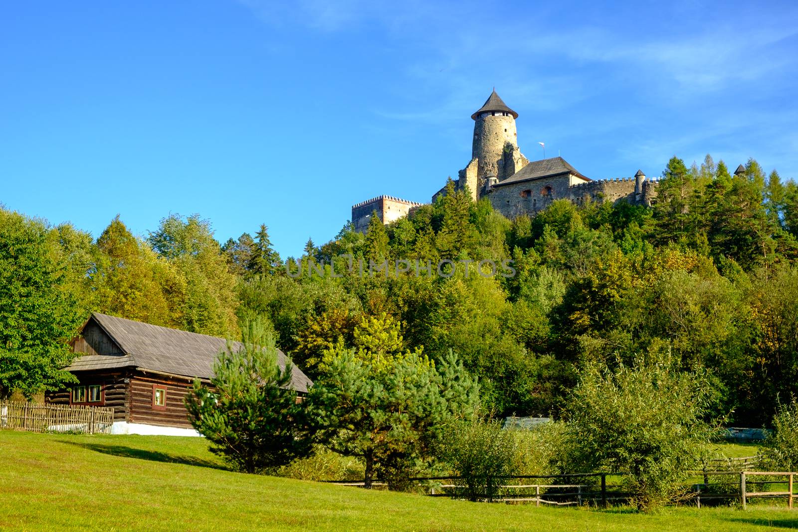 Landscape view of old traditional house and castle, Slovakia by martinm303