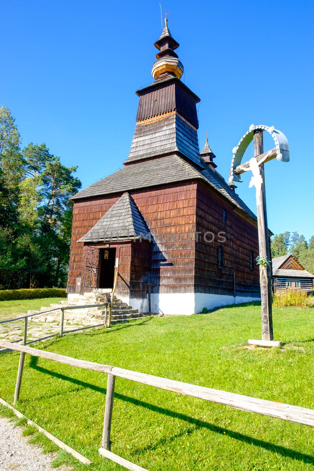 Old traditional Slovak wooden church in open air museum (skanzen) Stara Lubovna, Slovakia