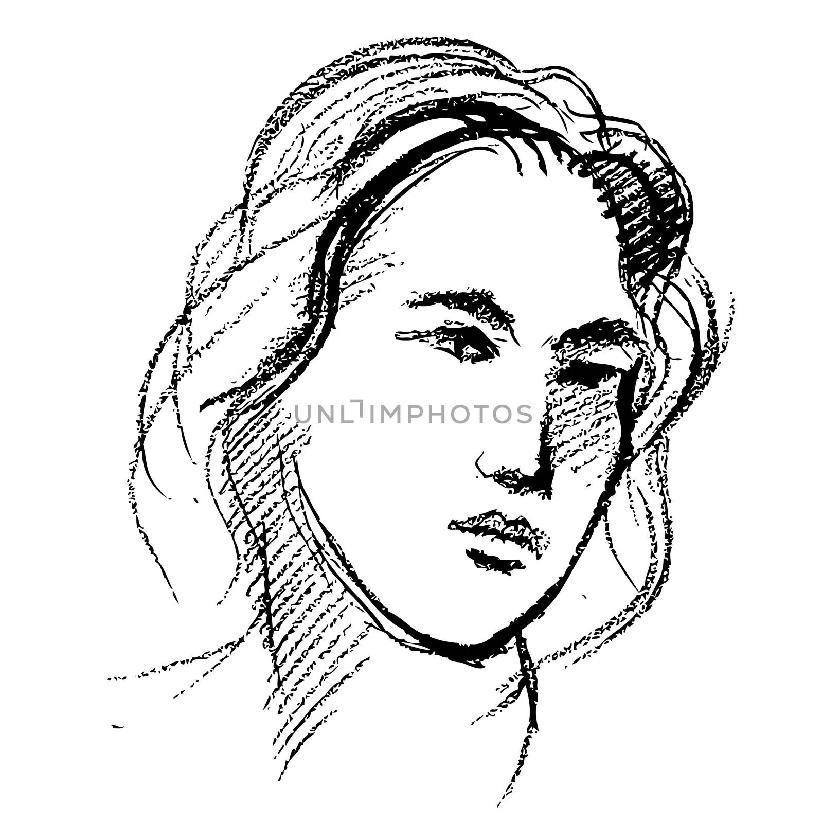 freehand sketch of pretty girl face in my imagination hand drawn on white background