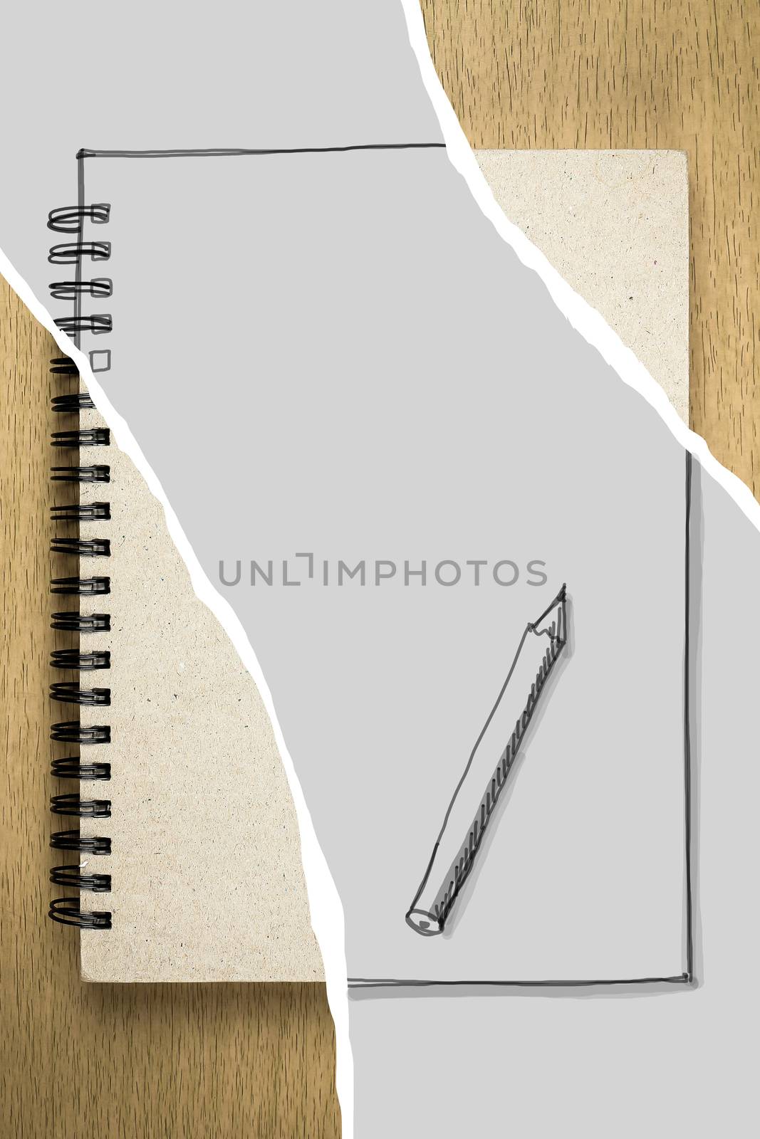 illustration of notebook or sketchbook on wooden table with freehand hand drawn, art, education