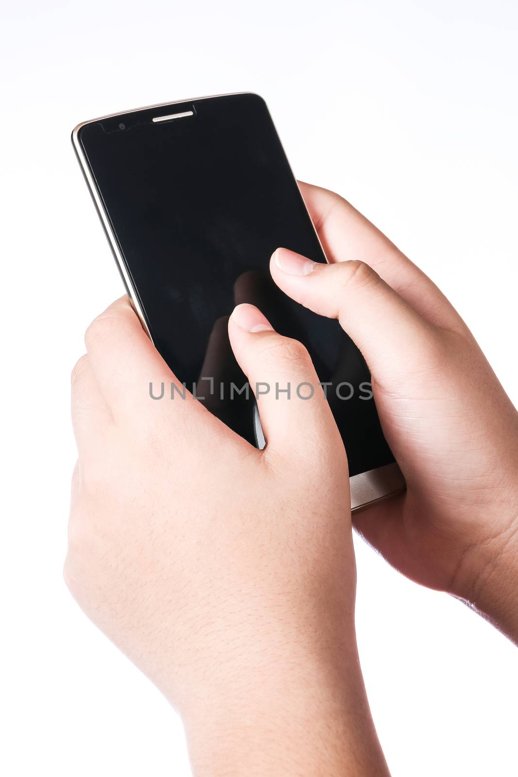 Asian boy's hand holding and touch on Smart phone with blank screen on white background, Social Network
