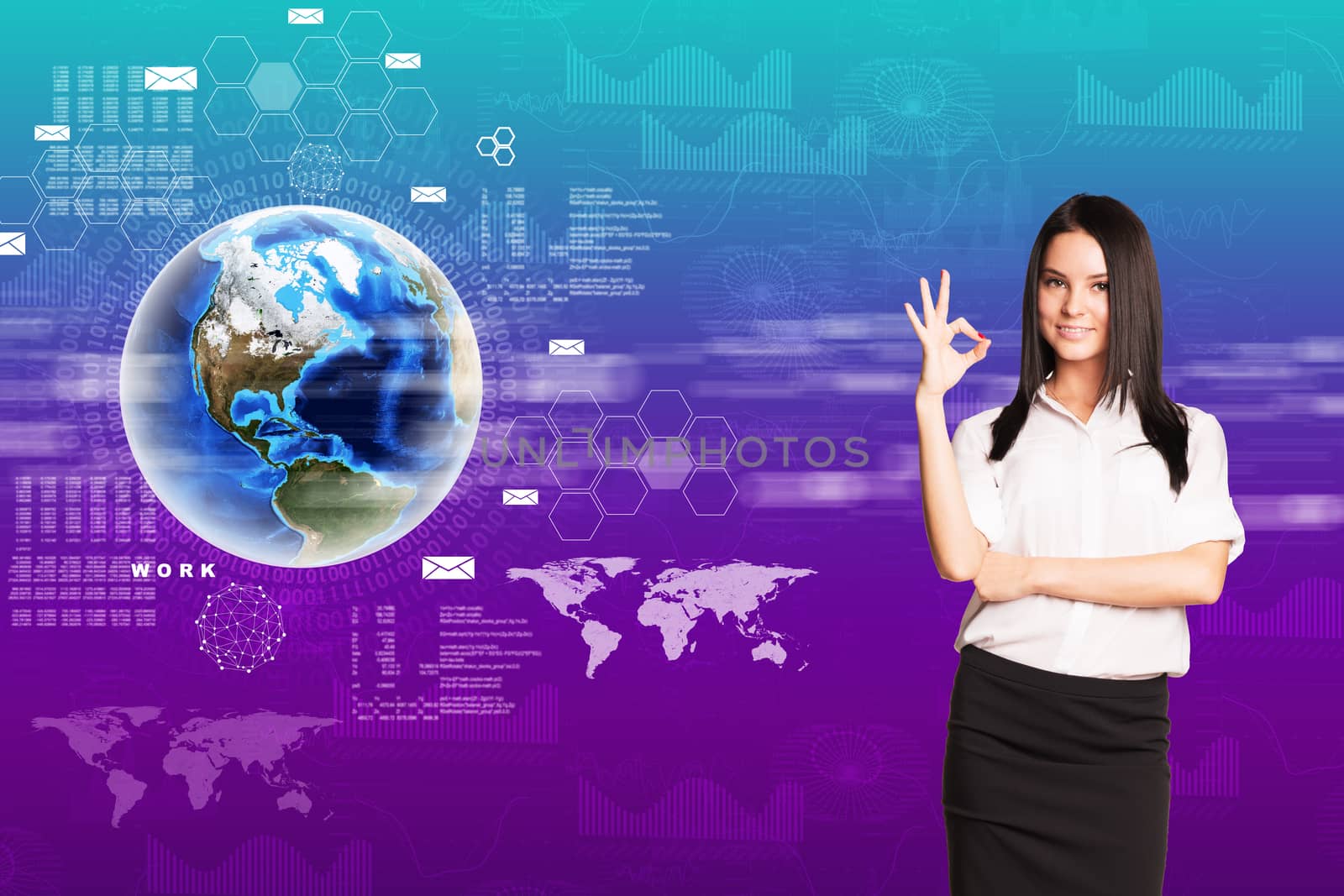 Young woman showing sign ok on abstract background with earth. Elements of this image furnished by NASA
