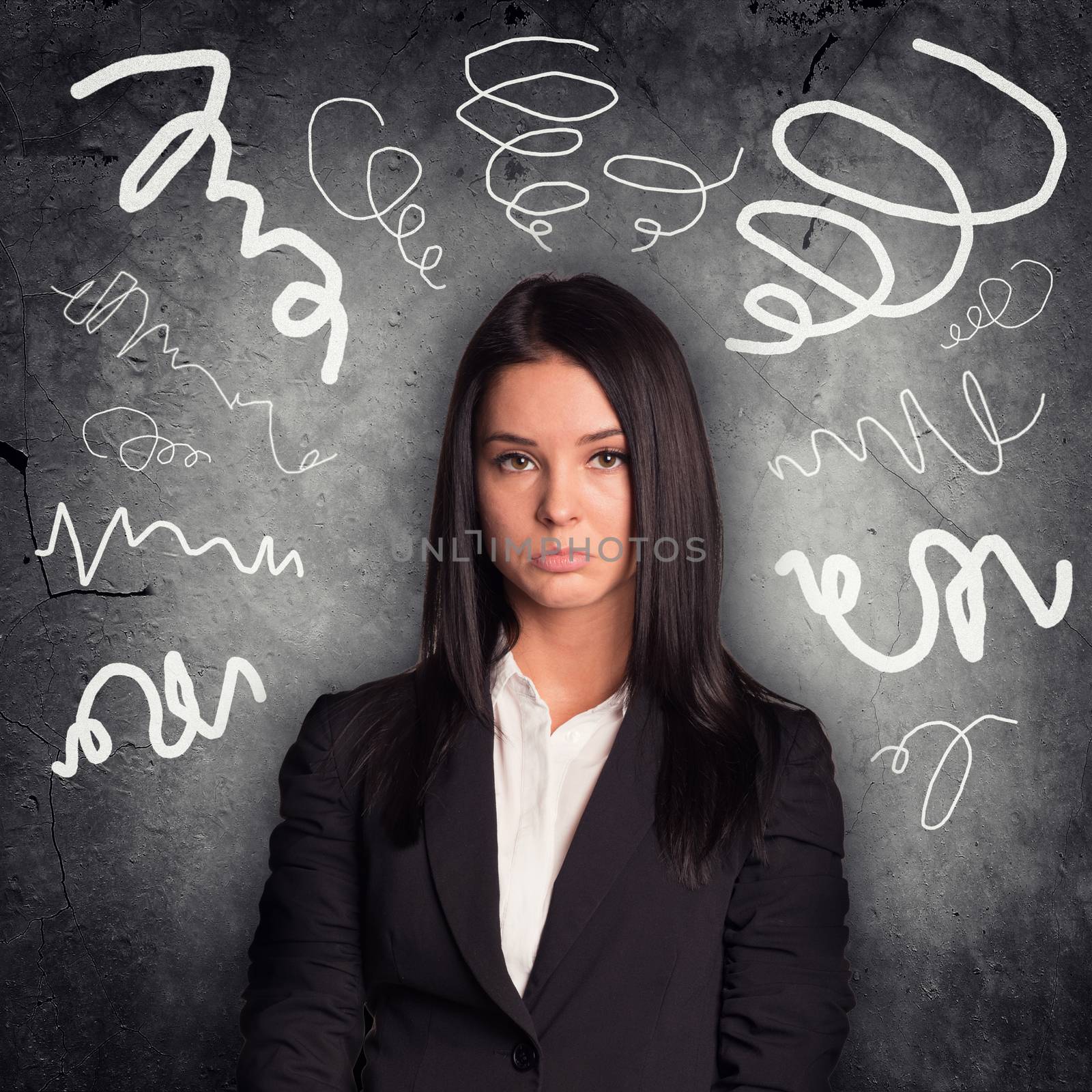 Sad woman looking at camera on abstract background