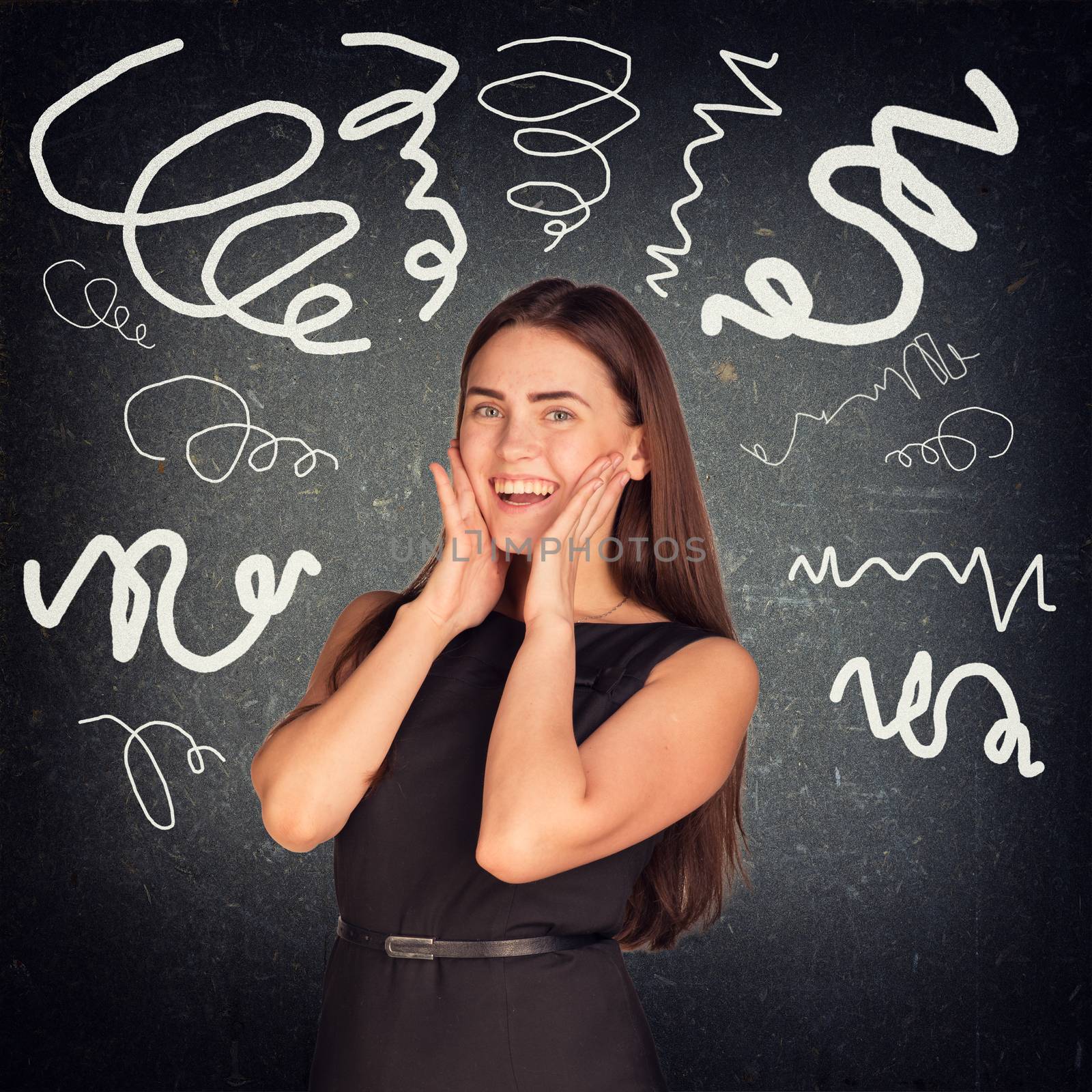 Happy woman with teeth smile looking at camera on abstract background