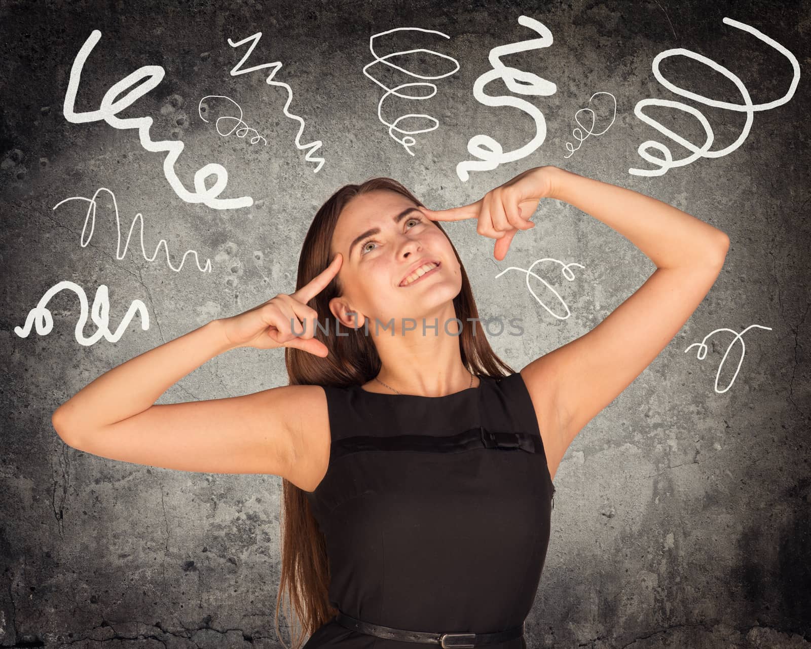 Happy young lady looking up on abstract background