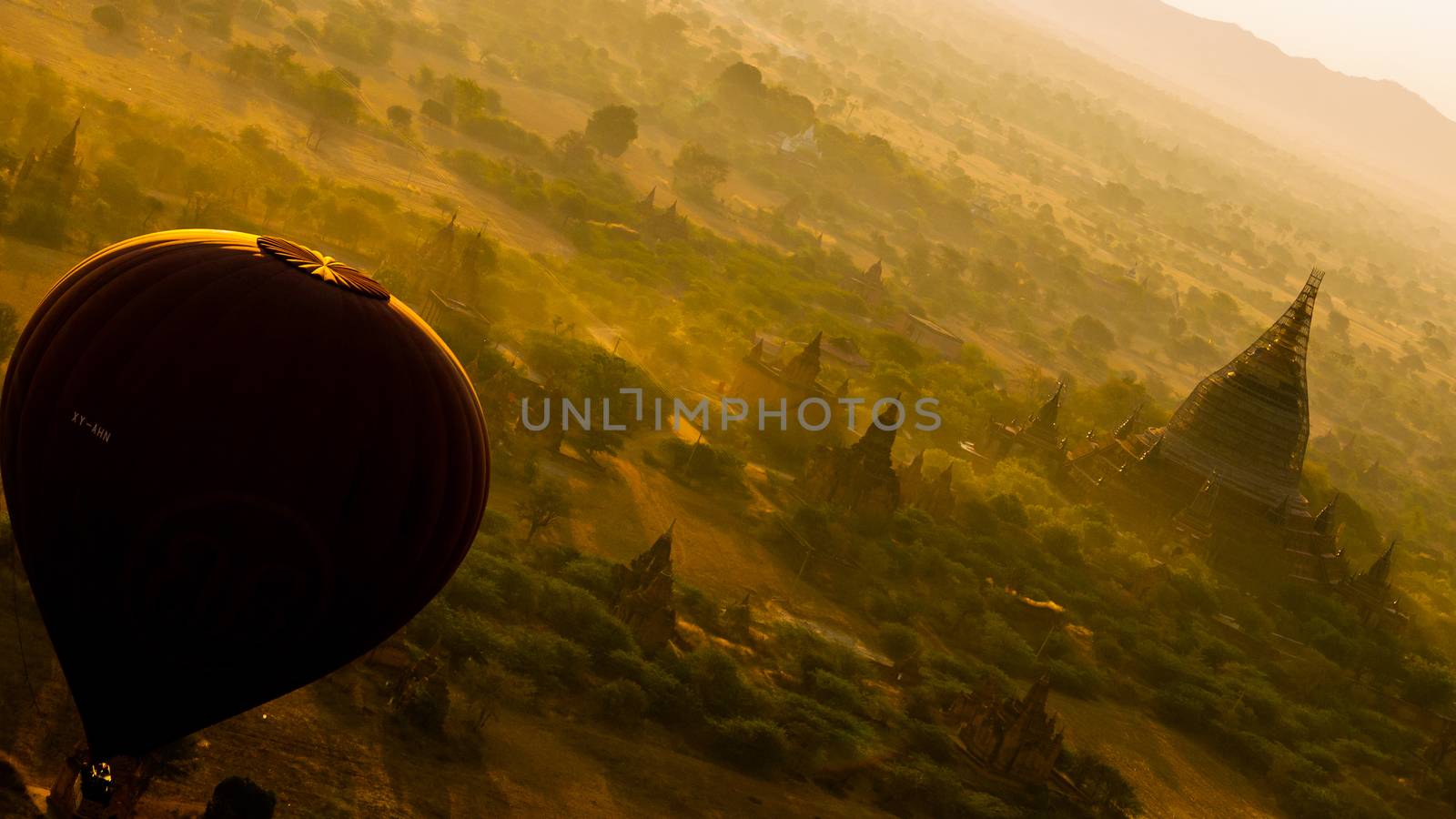 A balloon flying over the breathtaking scenery in Bagan Myanmar