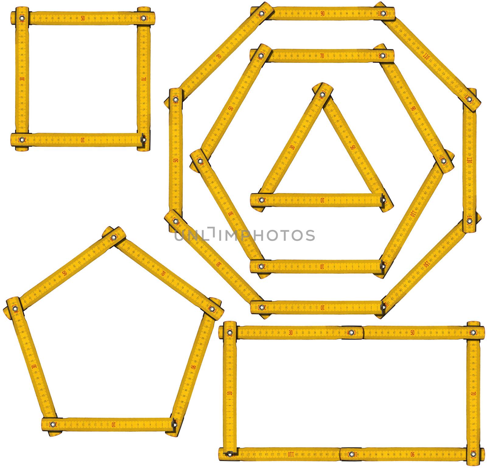 Collection of basic geometric shapes with wooden ruler, triangle, rectangle, square, pentagon, hexagon and octagon. Isolated on white background