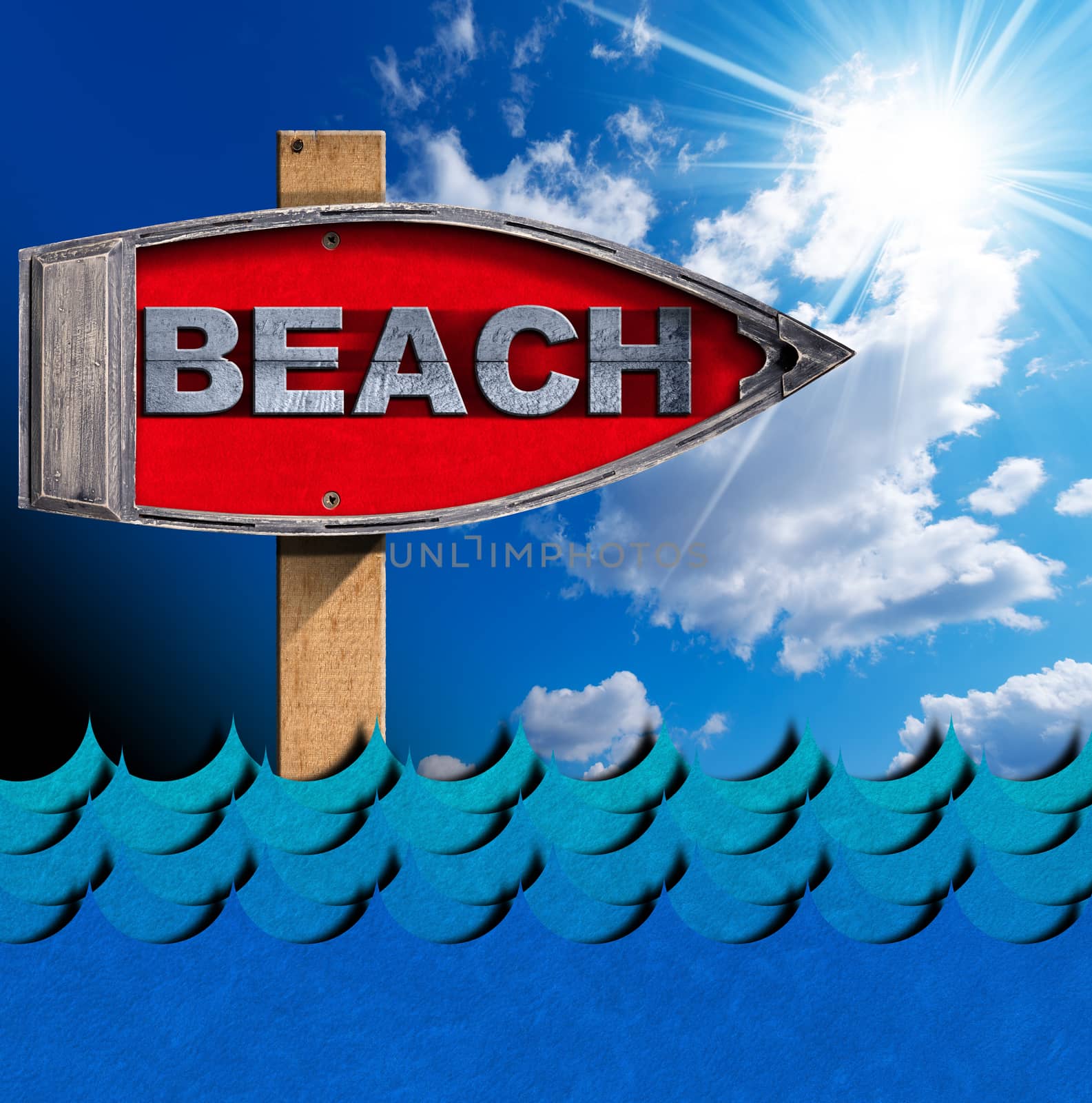 Wooden directional sign in the shape of row boat with text Beach on a blue sky with clouds, sun rays and waves.