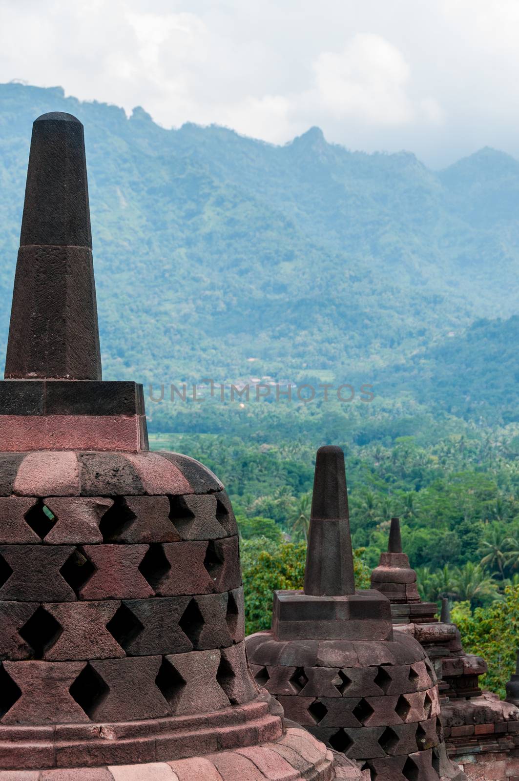 Stupas on top of Borobudur near Yogyakarta in Indonesia