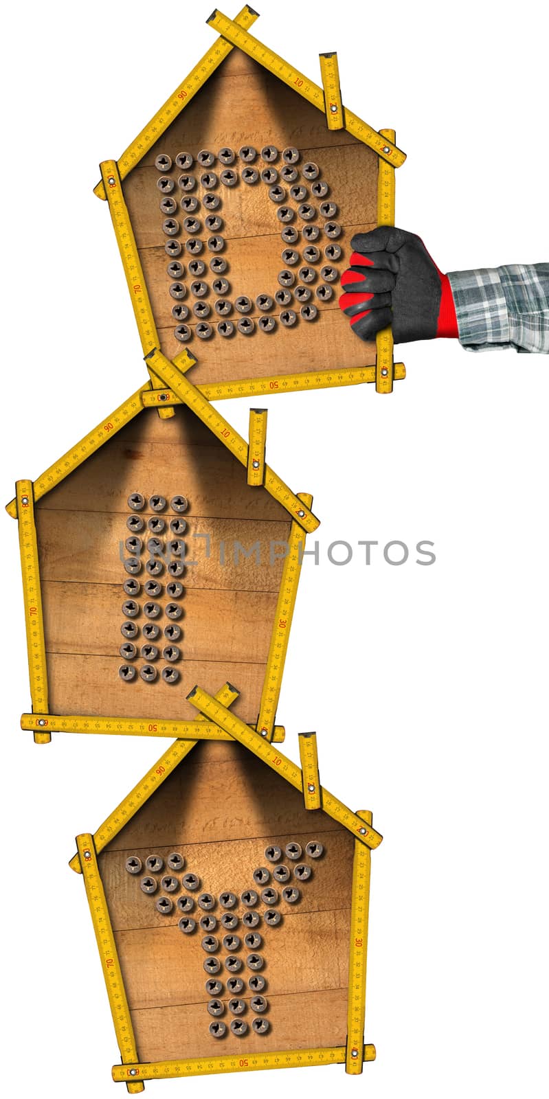 Hand with work glove holding three yellow wooden meter rulers in the shape of houses with text Diy (Do it yourself). Isolated on white