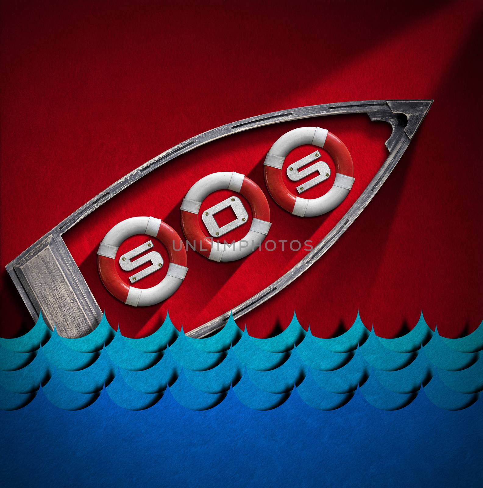 Red and white lifebuoys in a small wooden boat with text SOS and blue sea waves in a red velvet background. Help concept